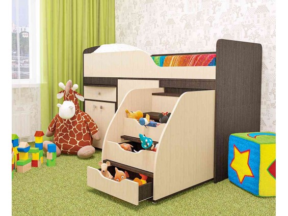 Кровать детская Фея с лесенкой, ящиками и столиком