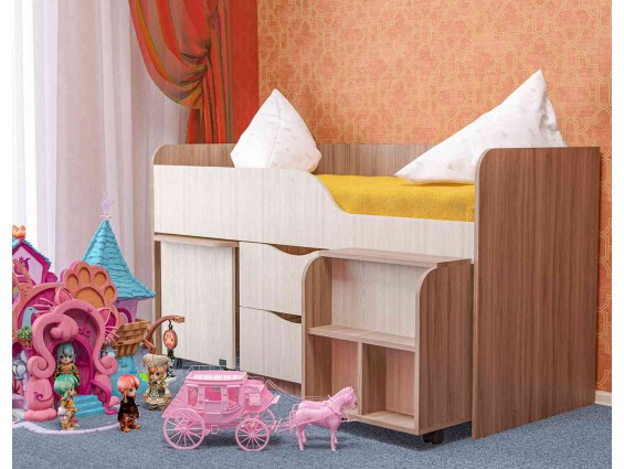 Кровать детская Гномик с лесенкой, ящиками и столиком