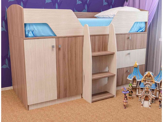 Кровать детская Лимбо с выдвижным столиком, шкафом, ящиками и лесенкой