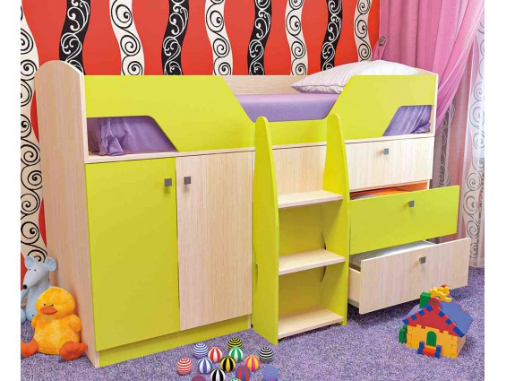 Кровать детская Лимбо с выдвижным столиком, шкафом, ящиками и лесенкой