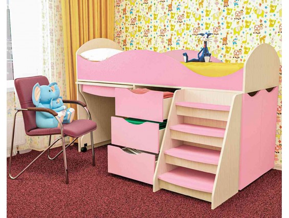 Кровать детская Тошка с лесенкой, ящиками, столом и шкафчиком