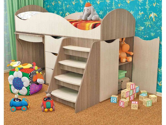 Кровать детская Тошка с лесенкой, ящиками, столом и шкафчиком